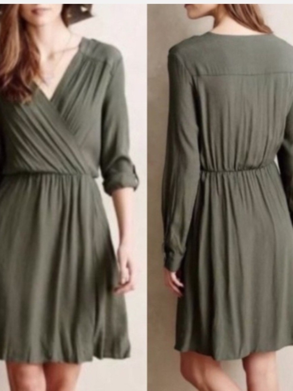 Maeve Olive Wrap-Style Long Sleeve Dress Size Medium